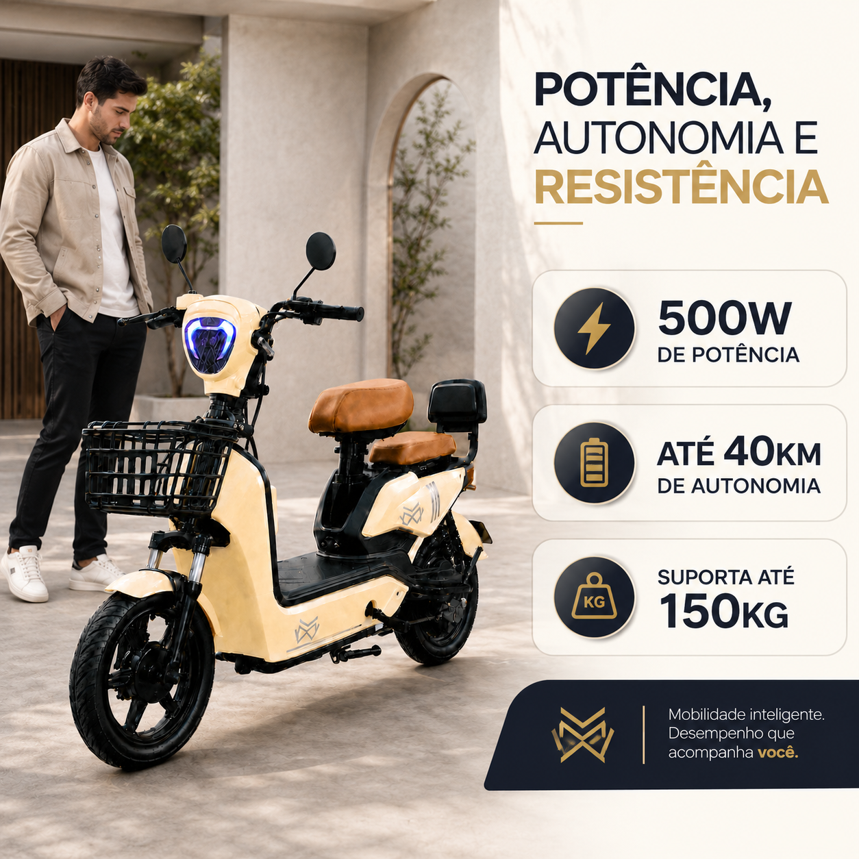 Bicicleta Elétrica JY MW 500W Sem CNH 3 Velocidades Couro Cor:Bege