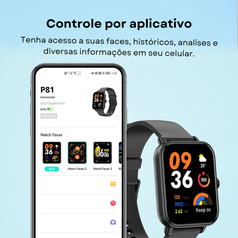 Relogio Inteligente P81 A prova d'água Bluetooth Tela de 1.9 Notificações Esportes Chamadas Fit